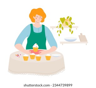 Cooking pastry - colorful flat design style illustration with linear elements. Composition with woman housewife serving sweet cupcakes with cream topping on the table. Delicious food and bakery idea
