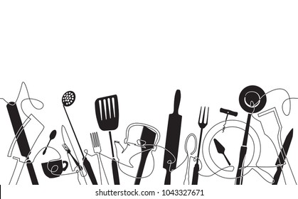 Cooking Pattern. Background with Cutlery. One Line Drawing of Isolated Kitchen Utensils. Cooking Design Poster.  Black and white style. Vector illustration.