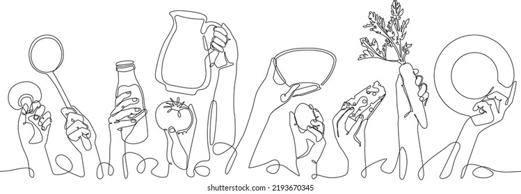 Cooking pattern. Background  with people holding different utensils and food.  Continuous line drawing style. Vector illustration.