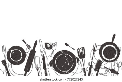 Cooking Pattern. Background with Utensils. Can be used for bakery,  cafe, restaurant, bar, shop, kitchen classes, cafe, studio. Vector illustration.
