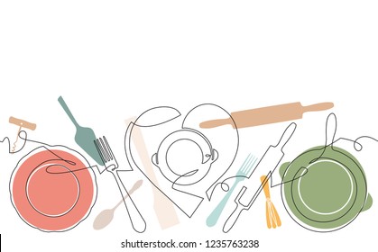 Cooking pattern. Background with utensils and empty space for text. Vector illustration.