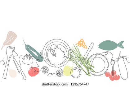 Cooking Pattern. Background with utensils, food and empty space for text. Vector illustration.