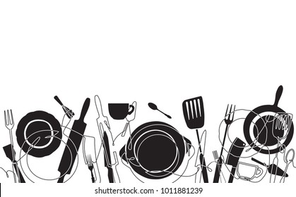 Cooking Pattern. Background for your design works. One Line Drawing of Isolated Kitchen Utensils. Black and white. Vector illustration.