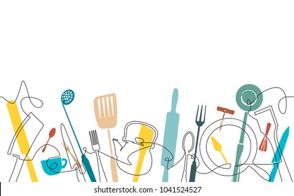 Cooking Pattern. Background for your design works. One Line Drawing of Isolated Kitchen Utensils. Backdrop with cutlery. Vector illustration.
