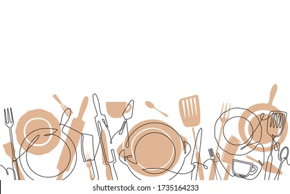 Cooking  Pattern. Background for your design works. One Line Drawing of Isolated Kitchen Utensils. Cooking  Poster. Vector illustration.