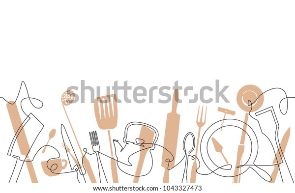 Cooking  Pattern.  Cutlery Background. One\
Line Drawing of Isolated Kitchen Utensils. Cooking Design Poster.\
Vector illustration.