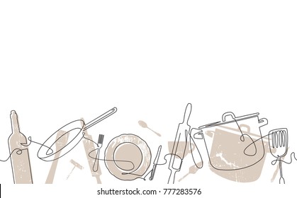 Cooking  Pattern. Outline Cutlery Background. One Line Drawing of Isolated Kitchen Utensils. Cooking Design Poster. Vector illustration.

