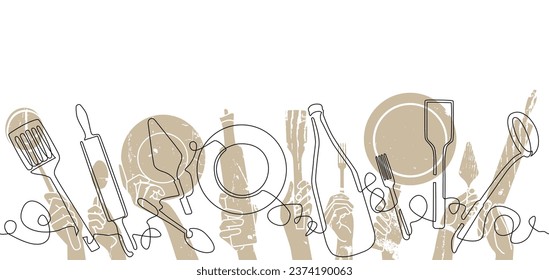 Cooking Pattern.Cutlery Background. One Line Drawing of Isolated Kitchen Utensils. Restaurant Design Poster. Vector illustration.