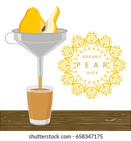 Cooking pear juice in juicer, tasty bright liquid from squeezer. Juicer pattern consisting of beautiful cone shaped, squeezer to healthy pear juice. Squeezer for pear juice, natural steel juicer.