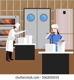 Cooking people colored concept with restaurant workers cook soup in the kitchen vector illustration