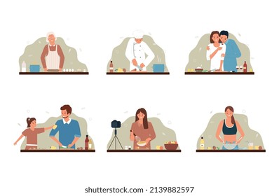 Cooking people flat set with professional chef food blogger and homemaker characters preparing healthy meal isolated vector illustration