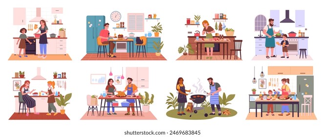 Cocinando gente. Preparación de alimentos en casa, mujer y hombre cocinando o horneando, la familia cocina barbacoa juego de Ilustración vectorial plana. Escenas de cocina casera colección