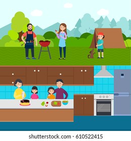 Cooking people horizontal banners with families preparing barbecue at picnic and different meals at home vector illustration