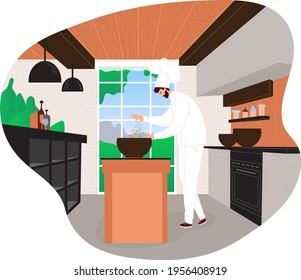 Cooking, people in kitchen, happy cook man preparing food in restaurant, chef uniform, design cartoon style vector illustration.