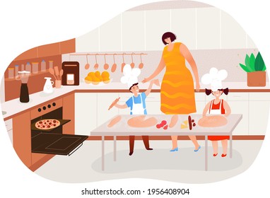 Cooking, people in kitchen, mother cooks pizza, daughter helps cook, boy cute chef, design cartoon style vector illustration.