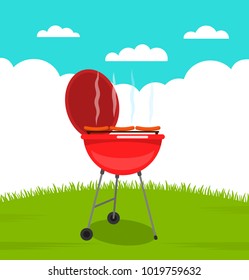 Cooking peppercorn in a barbecue outdoors. flat vector illustration on a background of nature and green grass