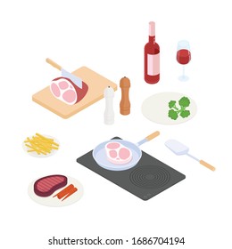 Kochen Sie perfekt Steak Set. Isometrische Vektorillustration Illustration in flachem Design.