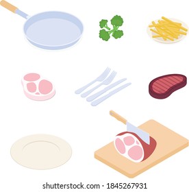 Cooking perfect steak set. Isometric vector illustration in flat design.