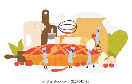 Cooking pie for restaurant or cafe sweet menu or bakery. Team of tiny pastry chefs in hat and uniform standing near baked dessert with flour, kitchen utensils and equipment flat vector illustration