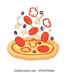 Cooking pizza. Adding ingredients tomatoes, mushrooms, olives, onions, peppers. Vector illustration, white background.