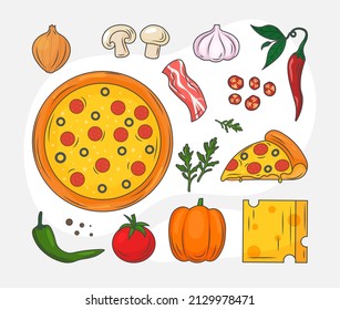 Concepto de pizza de cocina. Afiche colorido con ingredientes para un plato italiano tradicional. Cena de cocina con hongos, tocino, queso, tomates, pimientos y masa. Dibujo vectorial plano de dibujos animados