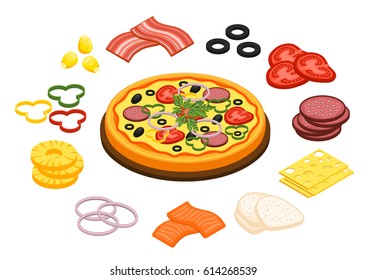 Cooking pizza concept with pineapple olives and cheese flat isolated vector illustration