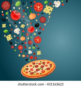 Cooking pizza with falling ingredients. Pizza recipe. Space for text