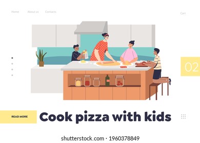 Cooking pizza with kids concept of landing page with happy children help mother to prepare food at home kitchen: mom with 3 kids make dinner together. Cartoon flat vector illustration
