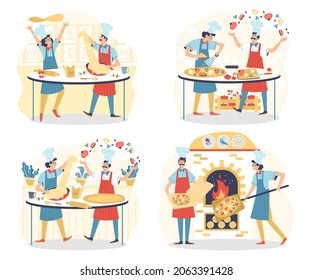 Cooking pizza on open fire at cuisine of restaurant or pizzeria by professional chefs. Pizza makers knead and toss the dough, cuts vegetables and bakes food. Vector illustrations