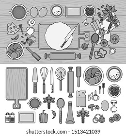 Cooking pizza on wooden table with ingredients. Cooking at home concept. Board, utensils, products isolated on white. Line monochrome