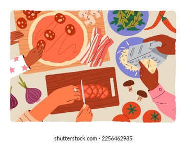 Cooking pizza together, top view. Family hands cook homemade dish, preparing food ingredients, cheese, bacon, meat on kitchen tabletop. Eating, meal preparation at leisure. Flat vector illustration