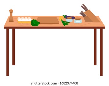 Cooking place with vegetables cabbage, bow and squash. Kitchen element tables with vegetarian products, knife and spices. Ingredients for preparing dish on wooden desk isolated on white vector