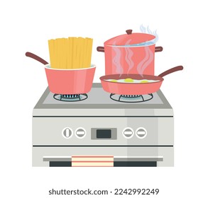 Cooking plate icon. Pink pots and pan, home cooking inventory, kitchen utensils. Graphic element for website. Cooking scrambled eggs, soup and spaghetti convcept. Cartoon flat vector illustration