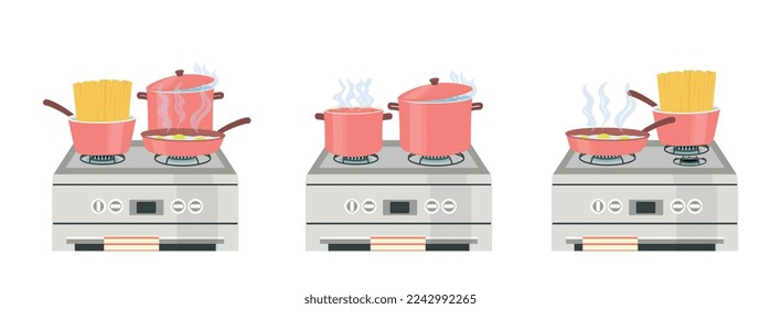 Cooking plate set. Collection of graphic elements for website. Pots and pans with meals and kitchen utensils. Poster or banner. Cartoon flat vector illustrations isolated on white background