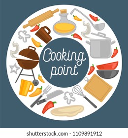 Cooking point promo poster with kitchenware and grill