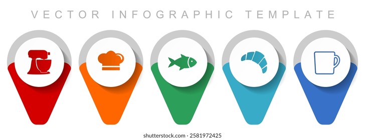 Cooking pointer collection, miscellaneous icons such as mixer, chef hat, fish, cake and cup, flat design vector infographic template in eps 10