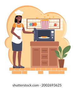 Cooking popcorn at home. A woman in an apron and a chefs hat is standing next to the microwave and preparing popcorn from corn. Appetizer for movies and TV series. Cartoon flat vector illustration