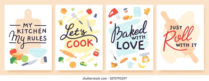 Afiche de cocina. Huellas de cocina con utensilios, ingredientes y presupuesto inspirador. Horneado de amor. Juego de vectores de la lección de preparación de alimentos. Mi cocina mis reglas, cocinemos. Alimentos y aparatos