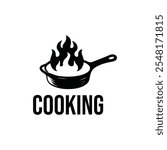 Cooking poster with cooking pan, fire flame and grunge texture. Trendy retro design for Culinary school, food studio. Vector illustration