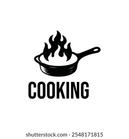 Cooking poster with cooking pan, fire flame and grunge texture. Trendy retro design for Culinary school, food studio. Vector illustration