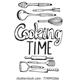 Cooking poster with vintage lettering and kitchen appliances. Hand drawn vector illustration.