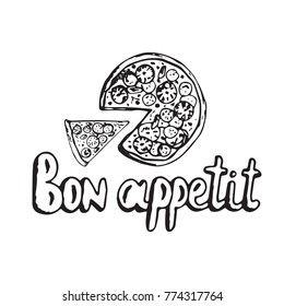 Cooking poster with vintage lettering and pizza. Hand drawn vector illustration with tasty food.