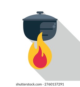 Olla de cocción hirviendo en una llama de fuego abierto, que representa la preparación de alimentos de cocina y restaurante