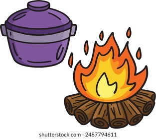 Kochtopf und Lagerfeuer Cartoon farbiger Clipart 