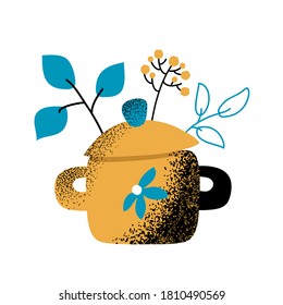 Cooking pot with cap and floral elements, vector illustration on white background. Cooking pot with botanical decor. Vegetarian kitchen concept. Vintage cooking icon. Recipe or cook book sticker