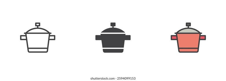 Cooking pot different style icon set. Line, glyph and filled outline colorful version, outline and filled vector sign. Kitchen utensil symbol, logo illustration. Vector graphics