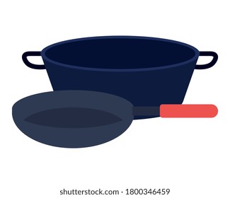 cooking pot and frying pan kitchen utensils, on white background vector illustration design