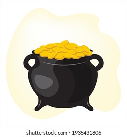 Cooking pot with gold coins.The precious wealth of the leprechaun. Legendary treasures for the lucky ones. St.Patrick 's Day. Holidays in Ireland