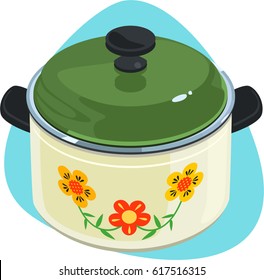 Cooking pot with green lid and black plastic knob. Isolated. On blue background.