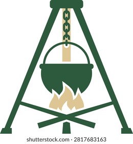 Cooking pot hanging on a tripod over campfire flames
